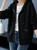 Solid Black Zip Up Drawstring Hood Pit Rib Knit Cardigan, Loose Lightweight Breathable Soft Skin-touch Long Sleeve Pocket Sweater_ecoleips.com