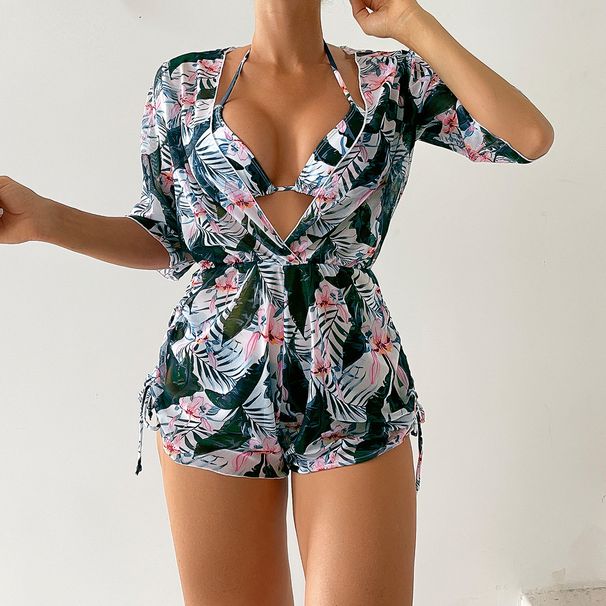 Women's Three Piece Bikini Set Leaf Print Waist Tie Long Sleeve Swimsuit Fashionable Beach Sun Protection_ecoleips.com