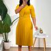 Elegant V-Neck Pleated A-Line Midi Dress For Women - Stylish High Waist Flowy Dress With Belt, Polyester Blend, Office & Casual Wear (S-XXXL)_ecoleips.com