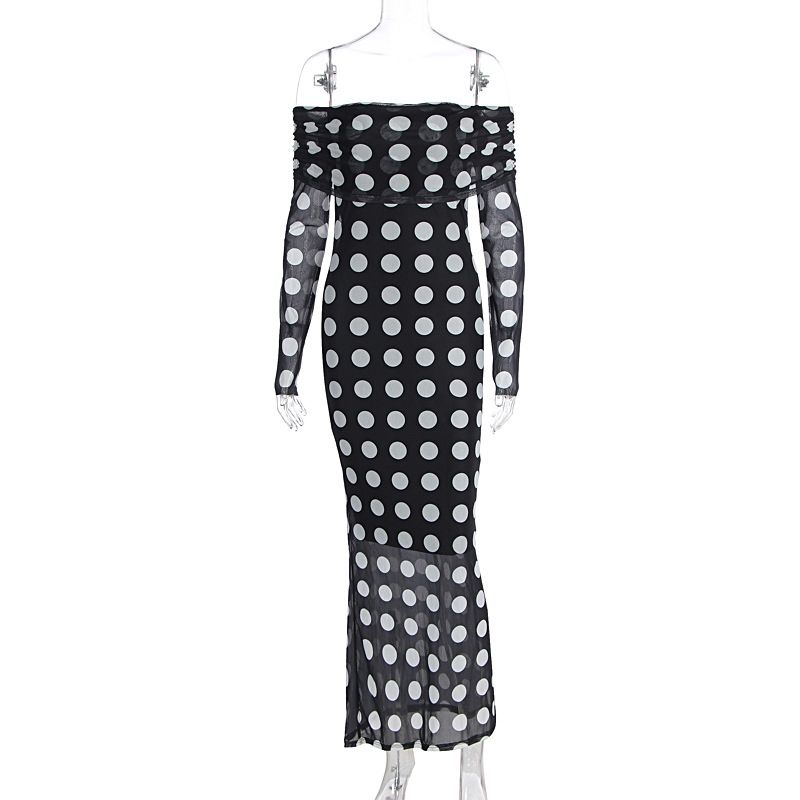 Women's New Arrival Fashion Sexy Off Shoulder Long Sleeve Sheer Mesh Polka Dot Slim Fitted Elegant Casual Cocktail Dress_ecoleips.com
