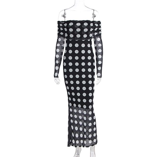 Women's New Arrival Fashion Sexy Off Shoulder Long Sleeve Sheer Mesh Polka Dot Slim Fitted Elegant Casual Cocktail Dress_ecoleips.com