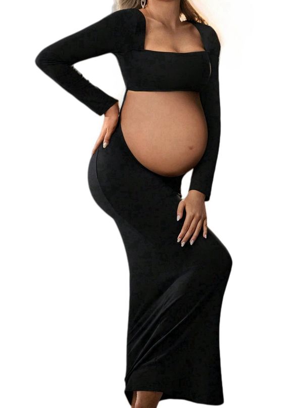 Women's Clothing New Pregnant Women Slim Photo Photography Navel Baring Sexy Fashion Square Collar Long Sleeved Dress_ecoleips.com
