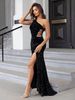 Women's fashion and sexy one-shoulder slit thigh sequined dress_ecoleips.com