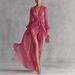 Women's Clothing Women's V Neck Dress Slit Waist Cinching Long Sleeve Flowy Solid Color For Formal & Casual For Women_ecoleips.com