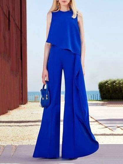 Women's Clothing solid color fashion temperament vest high waist wide leg pants women's irregular zipper jumpsuit _ecoleips.com