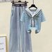 Women's Clothing New Niche Shawl Contrast Color Short Sleeved T Shirt Female Retro Elastic Waist Jeans_ecoleips.com