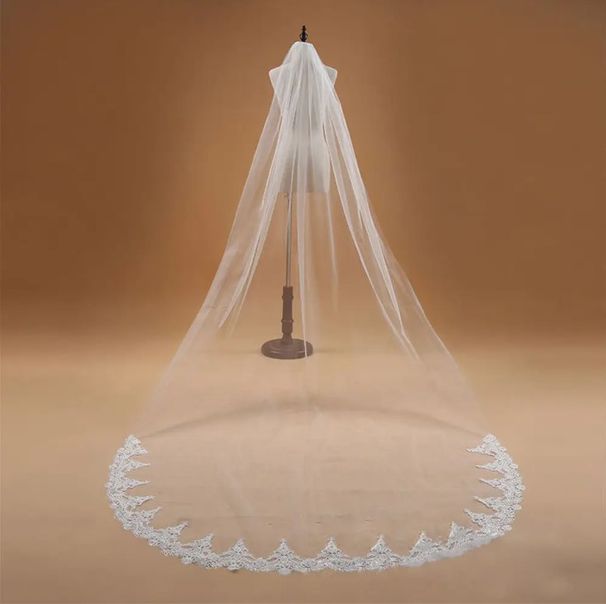 3M Cathedral Veil – Single Layer Chantilly Lace Bridal Face Veil (Ivory/White, Polyester, A-Line Hem, 3D Floral Embroidery, Wholesale Ready)_ecoleips.com