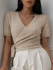Women Lightweight Breathable Thin Knit Wrap Shirt, V-Neck Short Sleeve Side Self Tie Slim Fit Cropped Casual Knit Top_ecoleips.com