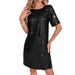 Women's round Neck Sequined Dress OM10245 European American Style Cross Border Foreign Trade Waist Cinching Short Sleeve Sparkling Dress_ecoleips.com