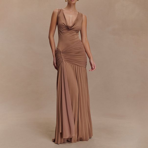 Fashionable Sleeveless Dress for Women Sexy Pleated Ribbon Detail Fitted Waist Long Solid Color Dress Export Style New Summer_ecoleips.com