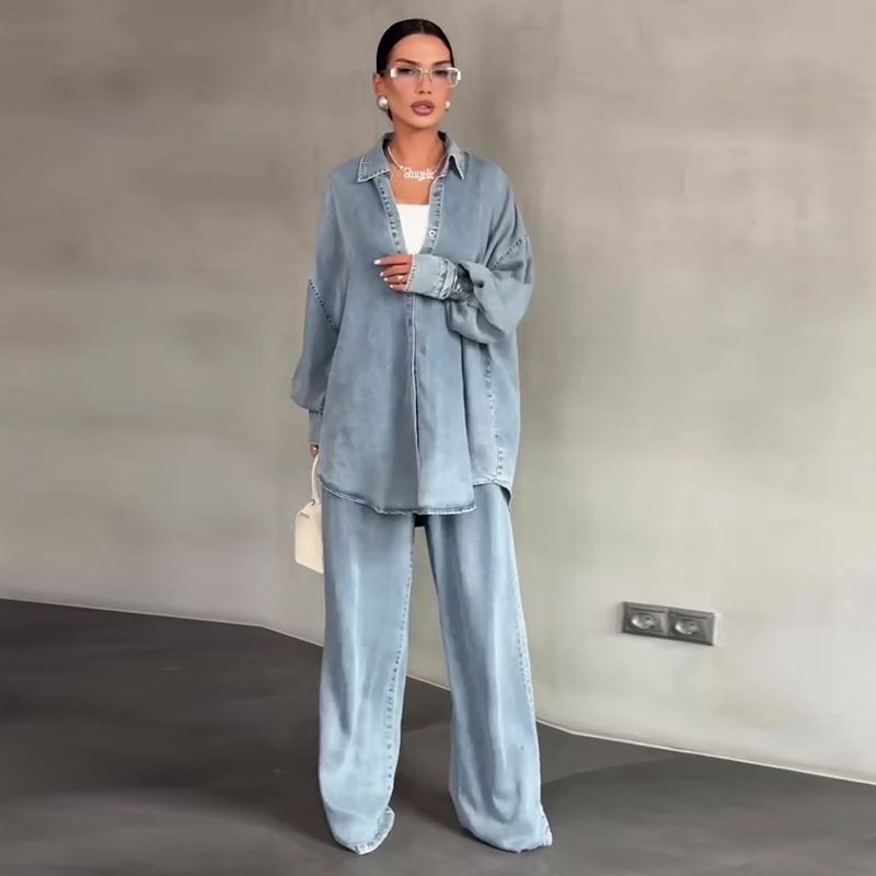 Spring Autumn 2027 Fashion European-USA Style Women Lapel Single-Breasted Long Sleeve Shirt + Lace-Up Pants Denim Two-Piece Casual Sets XS-3XL_ecoleips.com