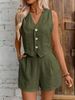 Summer Vest And Shorts Set For Women – Button Front Camisole & 3/4 Shorts, Breathable Linen Blend, Casual Streetwear_ecoleips.com
