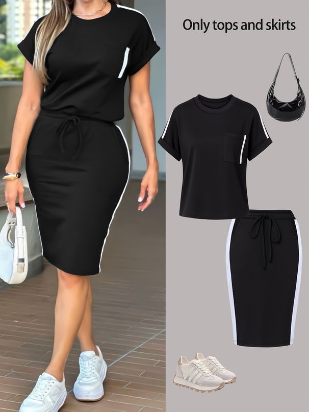 Fashion Off Shoulder T-Shirt Skirt Set Style Simple Design Bodycon Skirt 2 Piece Women's Clothing Set_ecoleips.com