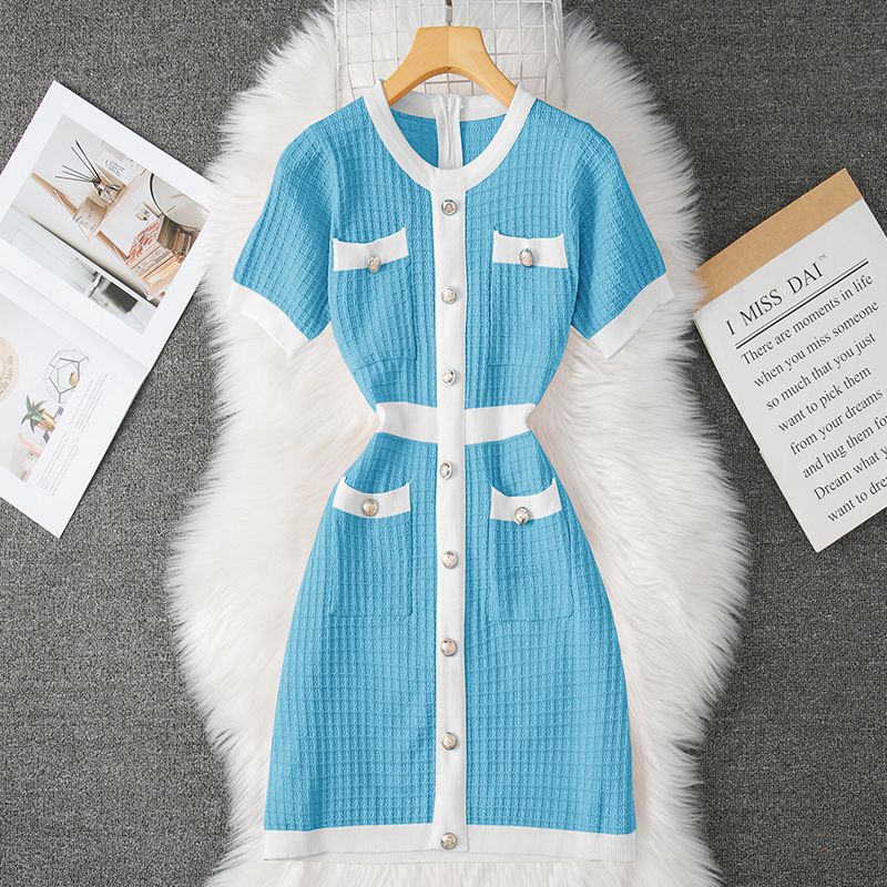 Women's Clothing Summer Dress Waist Slimming Temperament Goddess Style Fashion Button Slim Short Sleeve Knitted Dress_ecoleips.com
