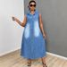 Women's Sleeveless Single-Breasted Denim Dress Casual Lapel Long Maxi Retro French Style Summer New Dress_ecoleips.com