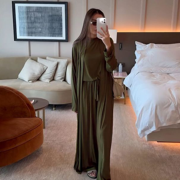 Loriya Dubai-Inspired 3-Piece Luxury Lounge Set – Elegant Solid Color Maxi Dress With Princess Sleeves (M-L)_ecoleips.com