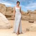 Women's Clothing White Sequined One Shoulder High Waist High Slit Wedding Bridesmaid Dress Evening Dress_ecoleips.com