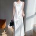 Acetate Satin Vest Waist-Cinching Gold Silk French Solid Color V-Neck Wide Strap Long Dress_ecoleips.com