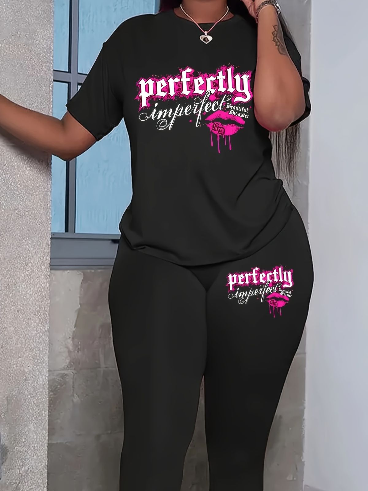 Women's Casual Loose And Fashionable Lip Print And Letter Pattern Printed Loose T-shirt+cropped Pants Two-piece Set Home Sportswear Daily Wear-463_ecoleips.com