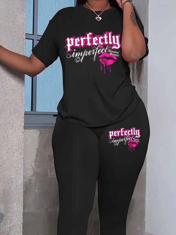 Women's Casual Loose And Fashionable Lip Print And Letter Pattern Printed Loose T-shirt+cropped Pants Two-piece Set Home Sportswear Daily Wear-463_ecoleips.com