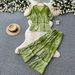 Women's Clothing Women's Green Floral Print Two Piece Set Elegant Slimming Wide Leg Pants V Neck Fashionable Commuter Suit Summer Style_ecoleips.com