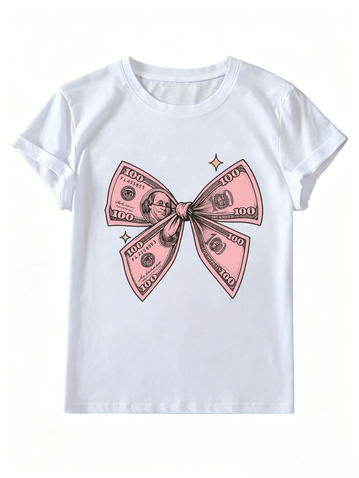 Women Cash Bow Graphic T Shirt Oversized Short Sleeve Y2K Coquette Money Print Casual Streetwear Tee_ecoleips.com