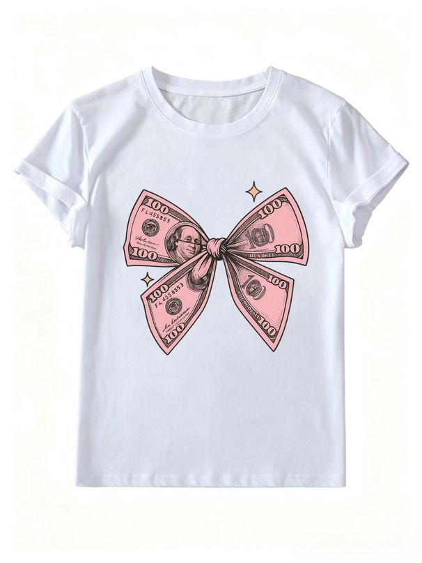Women Cash Bow Graphic T Shirt Oversized Short Sleeve Y2K Coquette Money Print Casual Streetwear Tee_ecoleips.com
