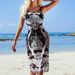 "Women's Graphic Print Jumpsuit – Sexy Sun Protection Cover-Up With Thigh Slits, Black & White Tropical Design, Lightweight Beach To Street Wear"_ecoleips.com