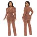 Women's Clothing Cinching V Neck Puff Sleeve Glossy Knit Sexy V-Neck Belted Jumpsuit With Puff Sleeves & Metallic Finish - Women's Shiny Knit Romper_ecoleips.com