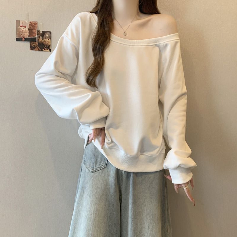 European American Style Solid Color Off-shoulder Long-sleeve Sweatshirt For Women, Autumn And Winter Korean Version,_ecoleips.com