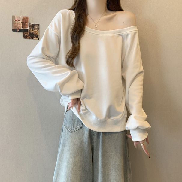 European American Style Solid Color Off-shoulder Long-sleeve Sweatshirt For Women, Autumn And Winter Korean Version,_ecoleips.com