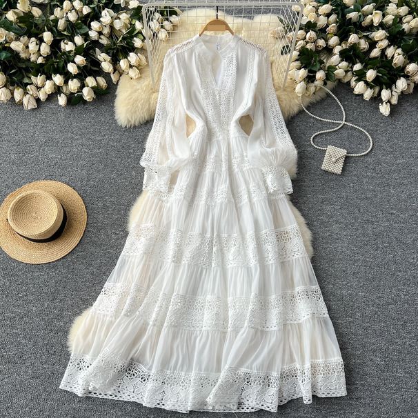 Women's Clothing V Neck Lace Patchwork Waist Long Sleeves Big Swing Dress_ecoleips.com