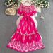 Women's Clothing Retro Print Round Neck Puff Sleeve Dress For Women In Summer High End Temperament Waist Stitching Tassel Long Dress_ecoleips.com