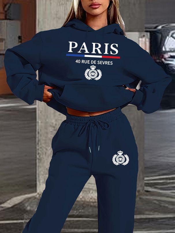 Women's Autumn And Winter Casual Fashion Paris Letter Pattern Printed Thick Velvet Warm Hooded Sweatshirt+sports Pants Set-696_ecoleips.com