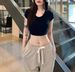 Women's Slim Fit Crop T-Shirt Short U-Neck Casual Top Versatile Solid Color Wrinkle-Resistant Fabric Sexy_ecoleips.com