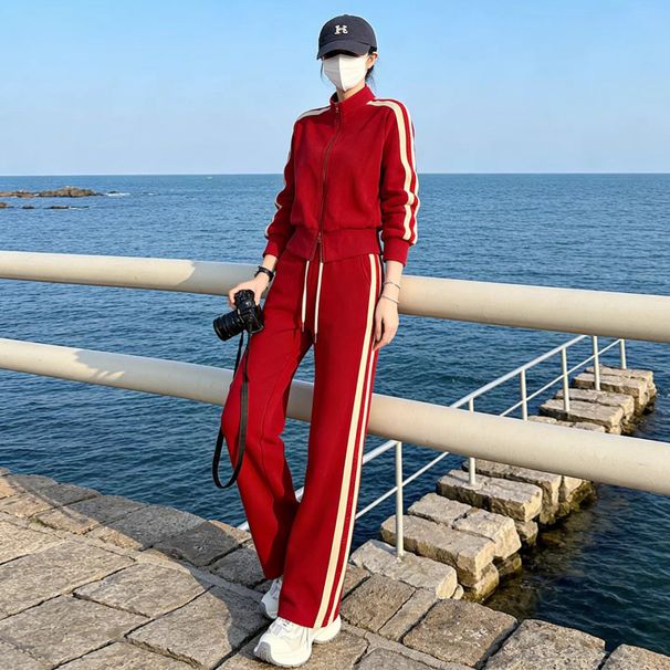 ng2510292 Red Casual Sports Suit For Women, Spring And Autumn 2026 New Style, Color-blocking Outfit, Zip-up Cardigan, Slimming_ecoleips.com