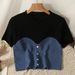 Short Sleeved Round Neck Stitching Knitted T Shirt Female Design Niche Puff Sleeve Short Top Two Piece Set_ecoleips.com