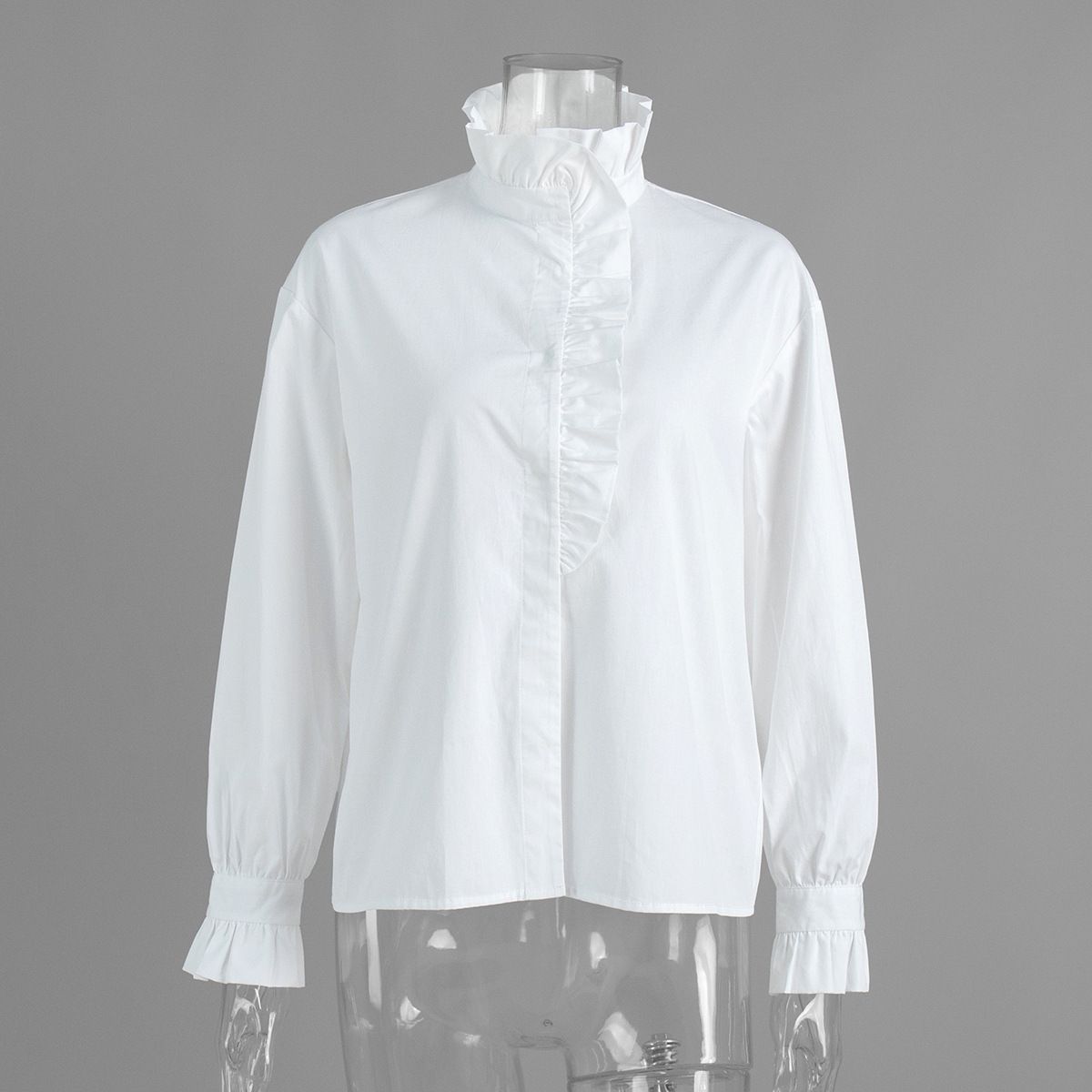 Women's Clothing Diagonal Placket Stand Collar Ruffle Shirt Style Spring Summer New Fashion Design_ecoleips.com
