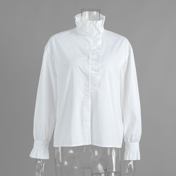 Women's Clothing Diagonal Placket Stand Collar Ruffle Shirt Style Spring Summer New Fashion Design_ecoleips.com