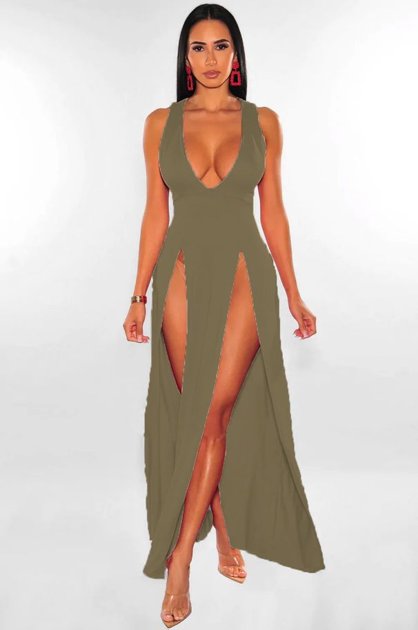 2024 Summer New Women Sexy High Split Dresses Sleeveless Deep V-Neck High Slit Long Party Bodycon Red Dresses_ecoleips.com