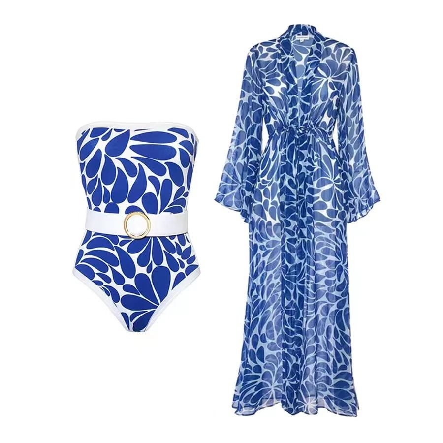 Women’s Clothing new fashion printed one piece swimsuit female long sleeved blouse French retro hot spring swimsuit_ecoleips.com