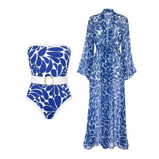 Women’s Clothing new fashion printed one piece swimsuit female long sleeved blouse French retro hot spring swimsuit_ecoleips.com
