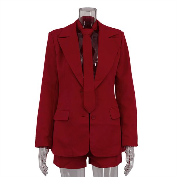 Elegant Red Tie Suit Set Two Piece Set Spring Summer New European American Style Commuter Wear Women's Clothing Shorts Jacket_ecoleips.com