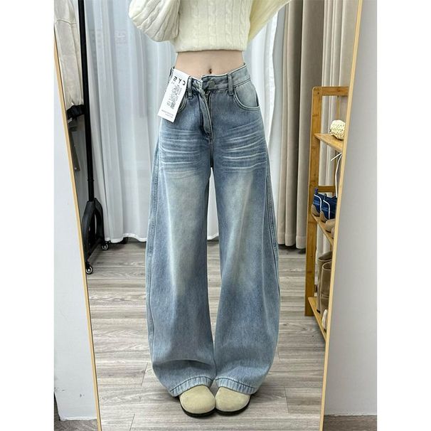 American Retro Embroidered Washed Distressed Jeans For Women, Loose Fit With Slight Curve, Drapey Wide-leg Floor-length_ecoleips.com
