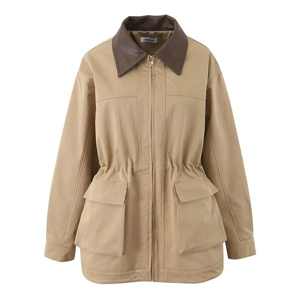 Women's Clothing Spring Lapel Loose Waist Workwear Windbreaker Jacket Women's Mid Length Functional Wind Top Jacket_ecoleips.com