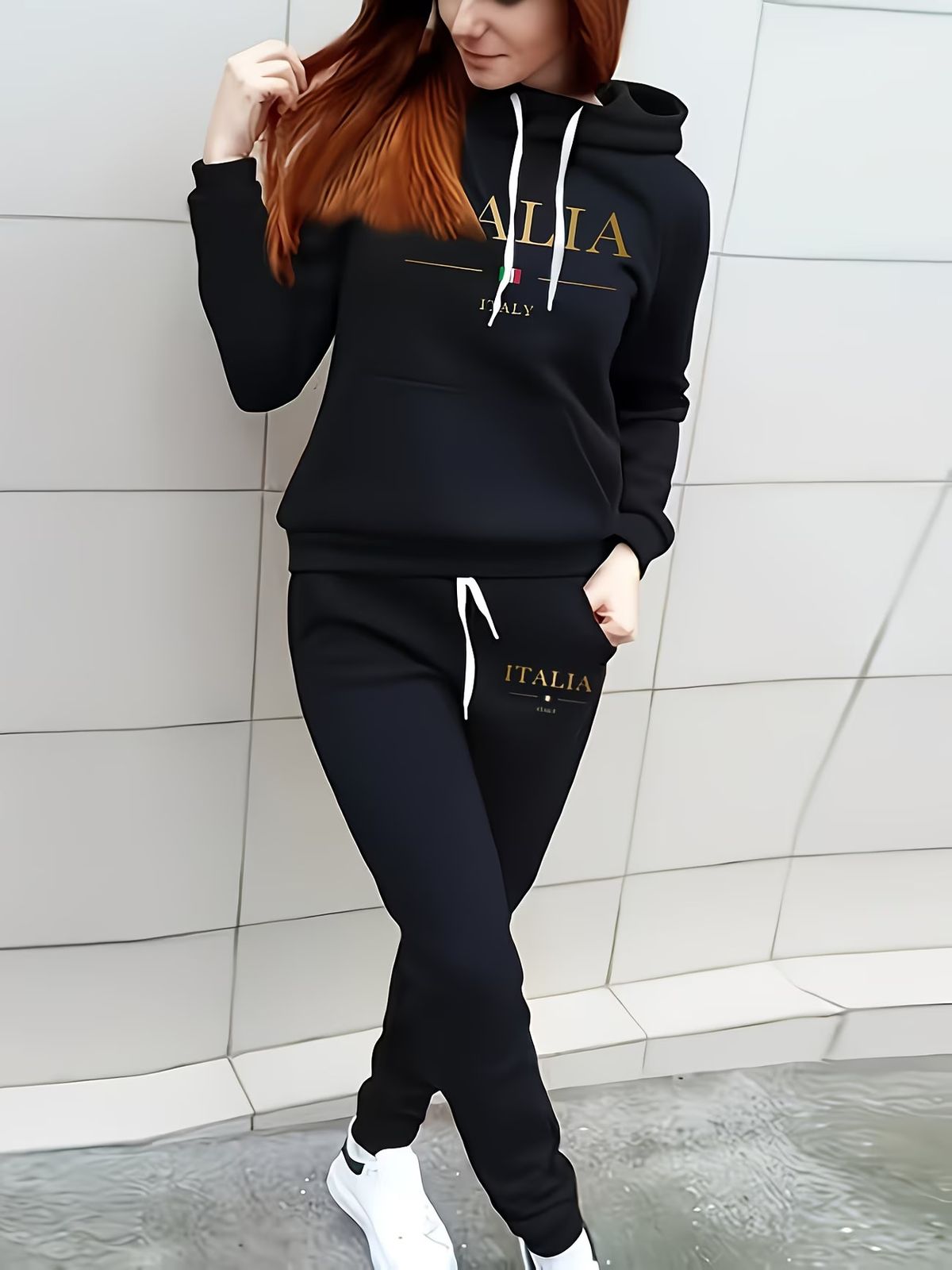 Women's Fleece Lined Hoodie Set Casual Sports Sweatshirt With Letter Print_ecoleips.com
