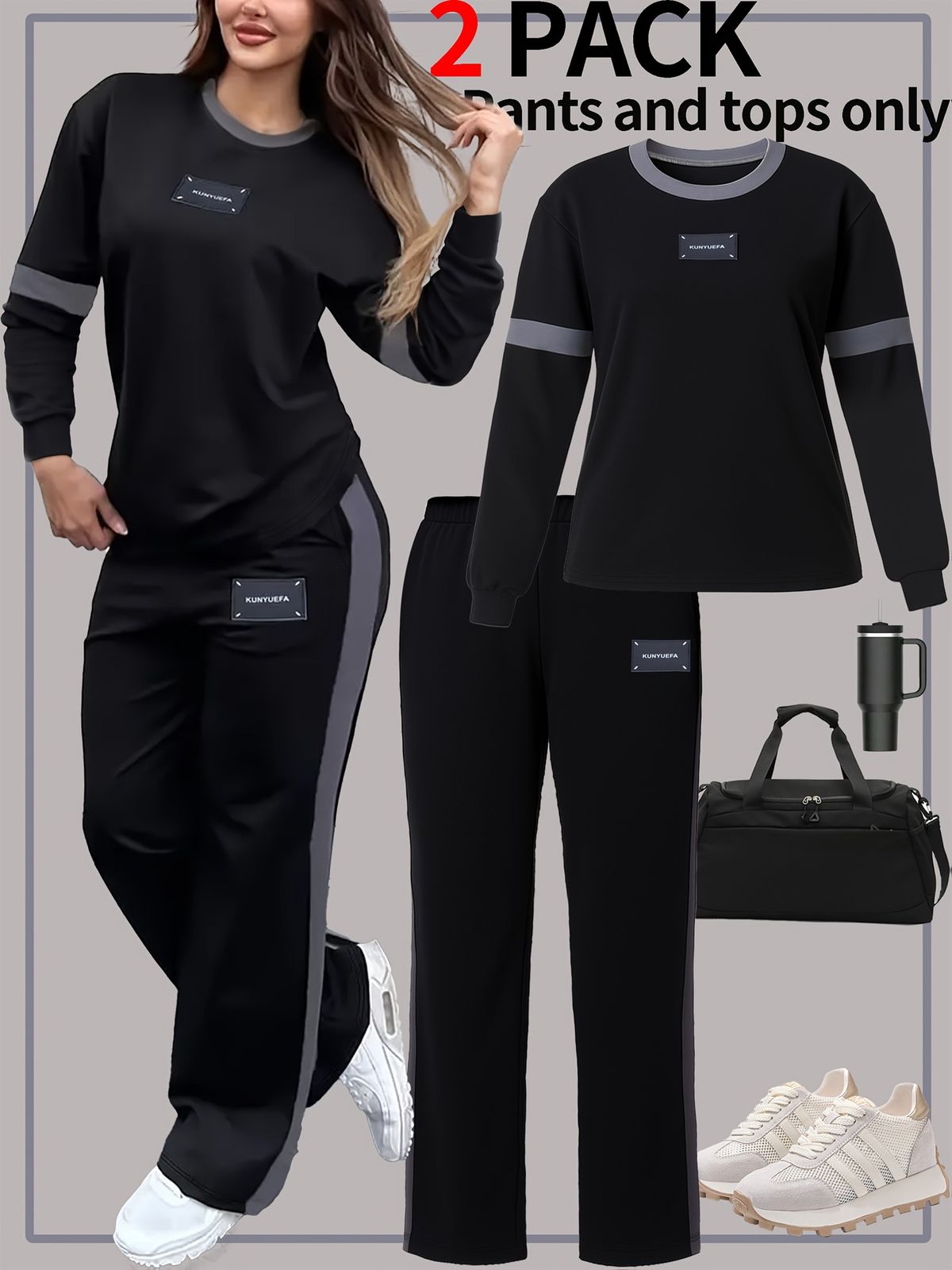Women's Contrast Trim Long Sleeve Top And Jogger Pants Set, Casual Two-Piece Outfit Comfortable Crewneck Top_ecoleips.com