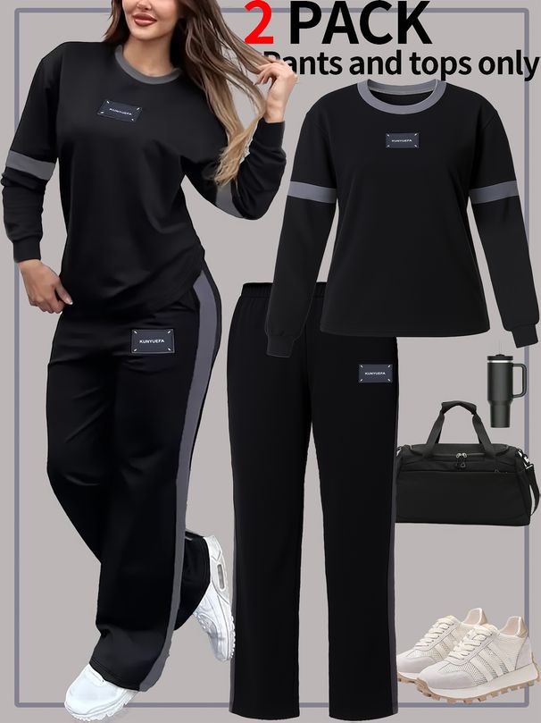 Women's Contrast Trim Long Sleeve Top And Jogger Pants Set, Casual Two-Piece Outfit Comfortable Crewneck Top_ecoleips.com