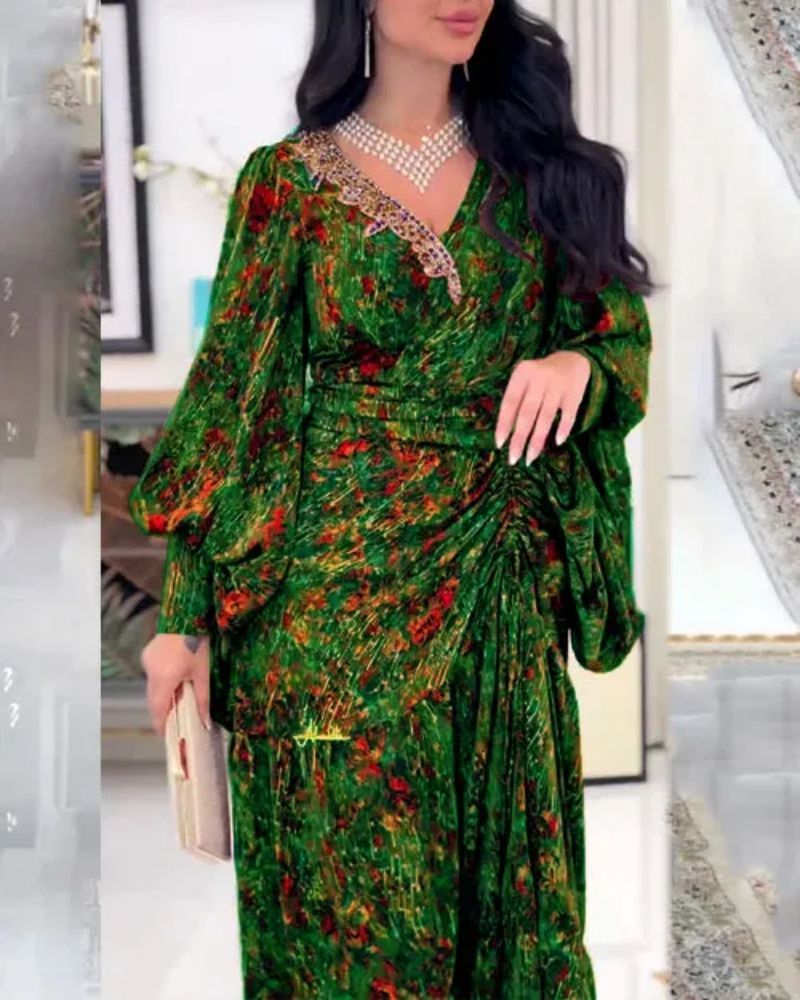 2023 Spring/Summer New Long Spliced Waist Skirt V-neck Printed Belt Dress_ecoleips.com