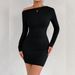 Women's Asymmetrical Neck Off-Shoulder Bodycon Skirt Dress Long Sleeve Pleated Casual Fashion Sexy Gown European American Style_ecoleips.com